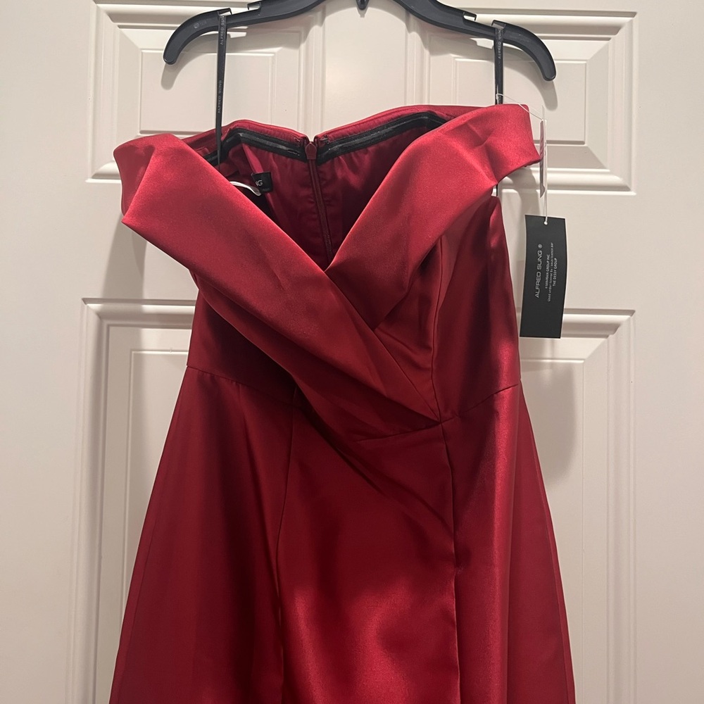 ALFRED SUNG Satin Off the Shoulder Burgundy Dress